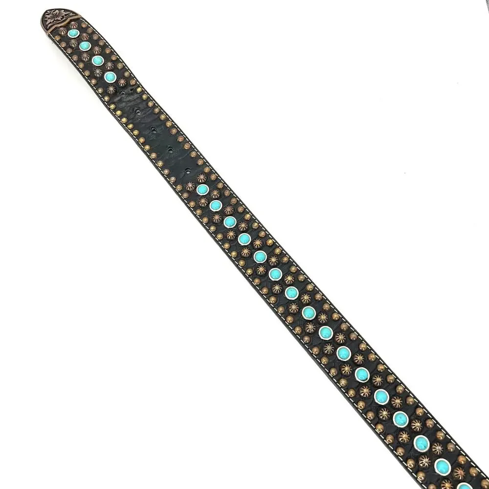 Western Studded Belt Large Buckle Turquoise Copper Studs Croc Embossed